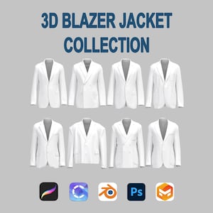 May include: A collection of eight white blazers in various styles, including single-breasted and double-breasted designs. The text "3D BLAZER JACKET COLLECTION" is displayed in blue above the blazers. Below are icons for design software.