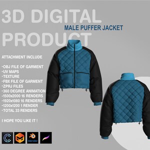 Peut inclure: Modèle 3D numérique d'une veste matelassée bleue et noire. La veste a un design matelassé et est courte. L'image comprend du texte qui dit "3D Digital Male Puffer Jacket Product" et liste les fichiers inclus dans le produit.