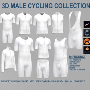 May include: A collection of white cycling apparel, including bib shorts, suits, shorts, vests, jerseys, and a long sleeve jersey. The image also includes the text "3D MALE CYCLING COLLECTION" and "10 PRODUCT".