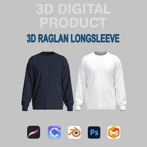 Puede incluir: Una camiseta raglán de manga larga azul marino y blanca sobre un fondo gris. El texto "3D DIGITAL PRODUCT" y "3D RAGLAN LONGSLEEVE" están en la parte superior. Debajo, iconos de aplicaciones para Procreate, C4D, Blender, Photoshop y Substance 3D.