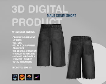 3D MALE DENIM SHORT - CLO3D - Digital - 3D Short - 3D Jean - 3D Digital Garment - Marvelous Designer - Blender - Procreate obj - Fbx - Zprj