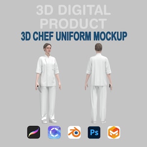 May include: A 3D digital product mockup of a chef uniform. The image shows a front and back view of a person wearing a white chef's jacket, trousers, and shoes. The text "3D DIGITAL PRODUCT" and "3D CHEF UNIFORM MOCKUP" are displayed in the image.