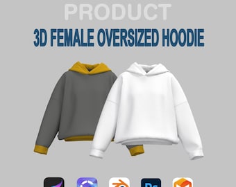 May include: A 3D digital product featuring two oversized hoodies with text reading 3D DIGITAL PRODUCT 3D FEMALE OVERSIZED HOODIE. One hoodie is dark gray with a mustard yellow hood and cuffs, while the other is solid white. Five software icons are below.