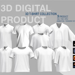 Peut inclure: Une collection de neuf modèles 3D de t-shirts blancs dans différents styles, y compris des polos et des t-shirts à col rond. Les modèles sont rendus dans un logiciel 3D et sont disponibles au téléchargement aux formats OBJ, FBX et ZPRJ. Les modèles sont animés et ont 16 rendus à 1500x2000 pixels.
