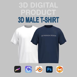 May include: Two t-shirts, one white and one navy blue, are shown against a grey background. The navy blue t-shirt has the text "3D FASHION DESIGN" printed on it. The image also includes the text "3D DIGITAL PRODUCT" and "3D MALE T-SHIRT".