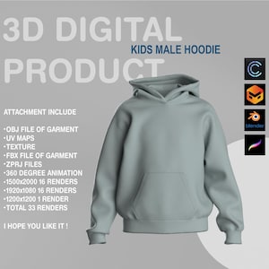 3D HOODIE - CLO3D - DIGITAL - Kids Hoodie - Procreate obj - Blender - 3D Digital Garment - Marvelous Designer -  Fbx - Zprj