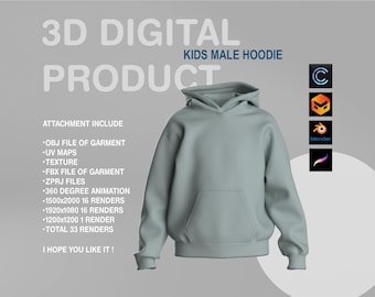 3D HOODIE - CLO3D - DIGITAL - Kids Hoodie - Procreate obj - Blender - 3D Digital Garment - Marvelous Designer -  Fbx - Zprj