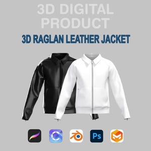 Peut inclure: Image numérique d'un produit 3D, présentant deux blousons raglan en cuir. L'un est noir, l'autre blanc. Les vestes ont une fermeture éclair et une poche. Le texte "3D DIGITAL PRODUCT" et "3D RAGLAN LEATHER JACKET" sont affichés.