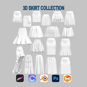 May include: A collection of white skirts in various styles, including pleated, ruffled, and pencil skirts. The image is labeled "3D SKIRT COLLECTION" in blue text. Software icons are at the bottom.