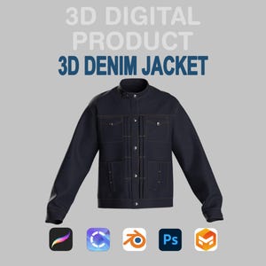 Puede incluir: Chaqueta vaquera azul oscuro con costuras visibles y cuatro bolsillos delanteros. La chaqueta tiene cuello redondo y cierres de botón. El texto en la imagen dice "3D DIGITAL PRODUCT 3D DENIM JACKET".