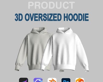 May include: Two 3D oversized hoodies, one light gray and one white, are displayed against a gray background. The text "3D DIGITAL PRODUCT" and "3D OVERSIZED HOODIE" are at the top. Below are app icons for Procreate, Substance 3D, Blender, Photoshop, and Marvelous Designer.