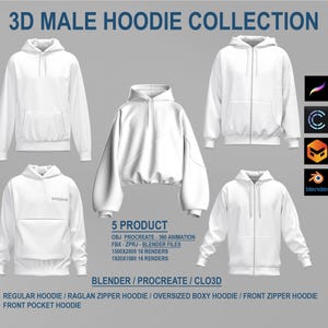 3D Male Hoodie Collection – CLO3D + Procreate + Blender | 5 Customizable Hoodie Models | OBJ FBX ZPRJ + 3DHoodie