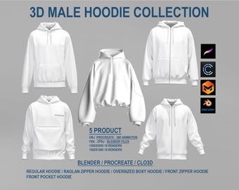 Colección de sudaderas 3D para hombre: CLO3D + Procreate + Blender / 5 modelos de sudaderas personalizables / OBJ FBX ZPRJ + 3DHoodie