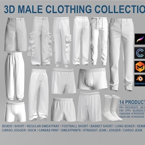 Puede incluir: Una colección de 14 modelos 3D diferentes de prendas de vestir para hombres, que incluyen pantalones cortos, pantalones de chándal, jeans y calcetines. Los modelos son todos blancos y están dispuestos en una cuadrícula. El texto "3D MALE CLOTHING COLLECTION" está en la parte superior de la imagen. El texto "14 PRODUCT" está en la parte inferior de la imagen, junto con información sobre los formatos de archivo y los tamaños de renderizado.