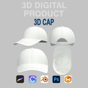 May include: A white baseball cap displayed from multiple angles. The image includes the text "3D DIGITAL PRODUCT 3D CAP" in white and blue. Software icons for Procreate, Cinema 4D, Blender, Photoshop, and Substance 3D Modeler are also present.