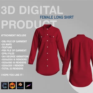 3D Female Long Shirt: Digital Garment Files (Obj, Fbx, Zprj)