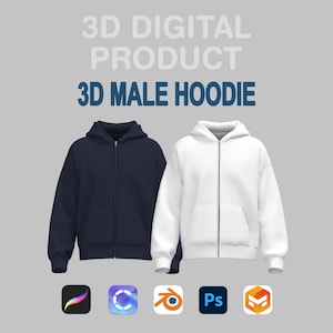 Puede incluir: Imagen de producto digital con dos sudaderas con capucha 3D, una azul marino y otra blanca, ambas con cierre de cremallera y bolsillos delanteros. El texto "3D DIGITAL PRODUCT" y "3D MALE HOODIE" se muestra. Iconos de aplicaciones abajo.
