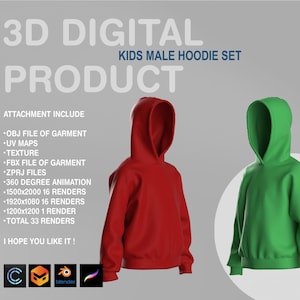 3D Kids Hoodie Digital Garment: OBJ, FBX, ZPRJ Files