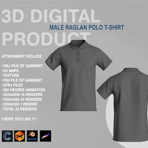 3D Raglan Polo T-shirt: Digital Garment Files (OBJ, FBX, ZPRJ)