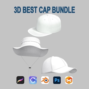 May include: A 3D rendering of a white baseball cap, a white sun hat with a chin strap, and a white curved-brim cap. The text "3D BEST CAP BUNDLE" is at the top. Below are icons for design software.
