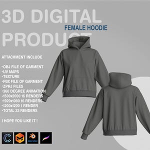 3D Female Hoodie Digital Garment: OBJ, FBX, ZPRJ Files