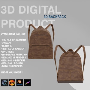 May include: A brown leather 3D model of a backpack. The backpack has a zippered front pocket and adjustable straps. The model is rendered in a 3D software program.
