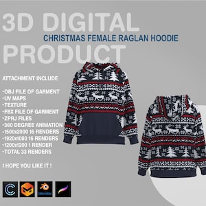 3D Christmas Raglan Hoodie: Digital Garment Files (Obj, Fbx, Zprj)