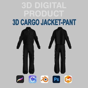 Può includere: Immagine di un prodotto digitale di un completo giacca e pantaloni cargo 3D neri. La giacca ha più tasche e una chiusura con cerniera. I pantaloni hanno tasche cargo. Il testo "3D DIGITAL PRODUCT" e "3D CARGO JACKET-PANT" è visualizzato.