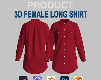 3D Female Long Shirt Mockup for Procreate | CLO3D Blender Garment | Casual Clothing Model