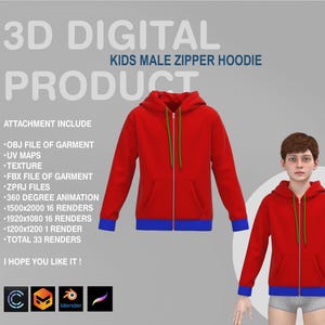 3D Kids Male Zipper Hoodie: Digital Garment (Zprj, Fbx, Obj)