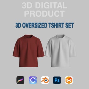 3D Oversized T-Shirt Set – Customizable Digital Tops for CLO3D, Blender & Procreate | OBJ FBX ZPRJ + Animation - 3D Tshirt Mockup