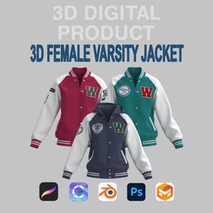3D Female Varsity Jacket – Procreate & Clo3d Customizable Digital Fashion Model | Obj,Fbx,Zprj