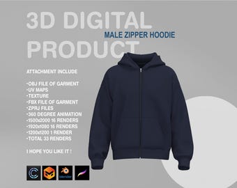 May include: A 3D digital model of a navy blue zipper hoodie. The model includes a 360 degree animation, 33 renders, and various file formats including OBJ, FBX, and ZPRJ.