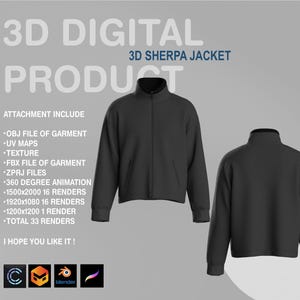 Puede incluir: Una chaqueta de sherpa negra con cierre de cremallera. La chaqueta es un producto digital 3D e incluye una animación de 360 grados, archivos OBJ, FBX, ZPRJ y mapas UV. La imagen también incluye el texto "Producto digital 3D" y "Chaqueta de sherpa 3D".
