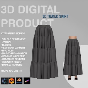 3D Tiered Skirt: Digital Garment Pattern (OBJ, FBX, Zprj)