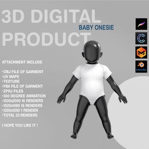 Op de afbeelding: 3D digitaal product van een baby onesie. Het product bevat OBJ, UV-maps, textuur, FBX, ZPRJ-bestanden en een 360 graden animatie. Het product bevat ook 33 renders in verschillende formaten.
