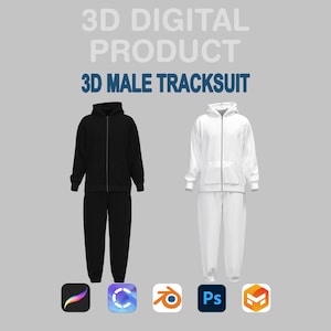 Op de afbeelding: Een digitale productafbeelding met twee trainingspakken. Eén is zwart, de andere wit. Elk trainingspak bestaat uit een jack met capuchon en bijpassende broek. De tekst "3D DIGITAL PRODUCT" en "3D MALE TRACKSUIT" staat bovenaan.
