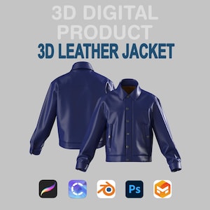 Puede incluir: Imagen de producto digital 3D de una chaqueta de cuero azul marino. La chaqueta tiene un diseño clásico con cuello, cierre de botones y bolsillos. El texto "3D DIGITAL PRODUCT 3D LEATHER JACKET" se muestra en la parte superior.