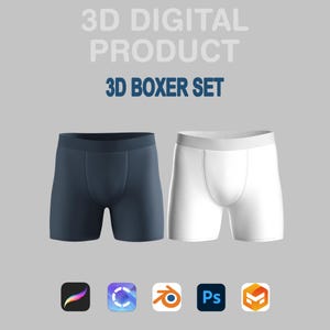 以下が含まれることがあります： 3Dボクサーセットの3Dデジタル製品画像。セットには、ネイビーブルーのボクサーブリーフと白いボクサーブリーフが含まれています。画像には、Procreate、Cinema 4D、Blender、Photoshop、Substance 3Dなどのソフトウェアアイコンも表示されています。「3D Digital Product」と「3D Boxer Set」のテキスト。