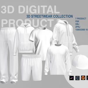 Op de afbeelding: Een 3D digitale streetwear collectie van 7 witte kledingstukken, waaronder een hoodie, een t-shirt, een longsleeve, een joggingbroek en shorts. De afbeelding bevat de tekst "3D DIGITAL 3D STREETWEAR COLLECTION PRODUCT 7 PRODUCT FBX OBJ ZPRJ 1500X2000 16 RENDERS".