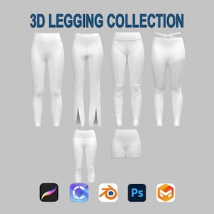 May include: A collection of white leggings in various styles, including full-length, split-hem, and capri designs. The text "3D LEGGING COLLECTION" is displayed at the top. Software icons are at the bottom.