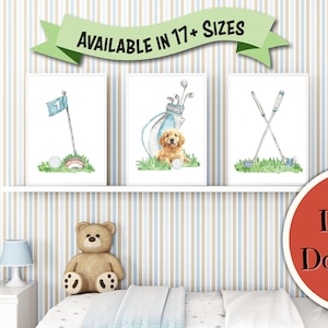 Puppy Golf Art Nursery | Golden Retriever Golf Nursery | Blue Nursery Prints | Puppy Nursery Art | Nursery Wall Art Golf | Set of 3