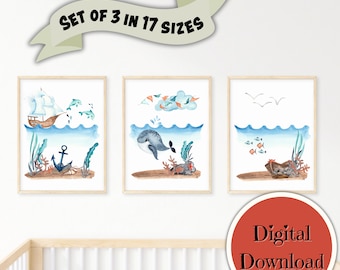Nautisch drieluik, prenten oceaankwekerij, nautische kwekerij, kwekerij oceaan, walvisprint, babyjongenkwekerij, inrichting kinderdagverblijf oceaan, set van 3