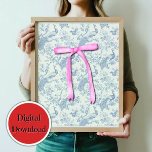 Pink Bow Blue Chinoiserie vivero impresión / decoración de la habitación coqueta / decoración de la guardería / arco preppy / gran decoración milenaria