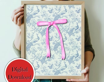 Pink Bow Blue Chinoiserie vivero impresión / decoración de la habitación coqueta / decoración de la guardería / arco preppy / gran decoración milenaria