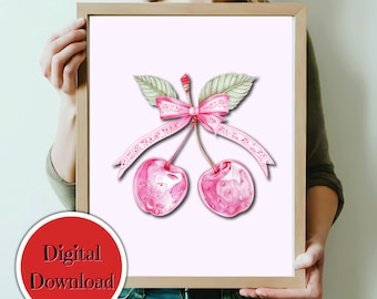 Cherry & Pink Bow Coquette Room Decor | Girly Nursery Decor| College Apartment Decor | Girly Wall Art  | Preppy Poster |Watercolor Bow Print