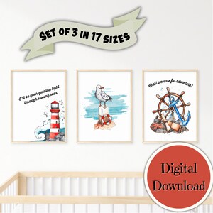 Nautische Kinderzimmer Dekor, 3er-Set, Leuchtturm Dekor, maritime Dekoration, Aquarell Drucke, maritime Wanddeko für Jungen