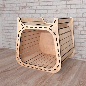 May include: A modern, open-sided wooden pet bed or side table. The light-colored wood has a curved design with horizontal slats and a decorative dotted outline. The piece is designed to be both functional and stylish.