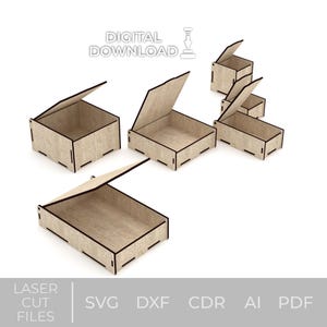 May include: A collection of laser-cut wooden boxes with hinged lids, some open and some closed. The boxes are in various sizes and have a light brown colour with dark brown edges. The words "DIGITAL DOWNLOAD" and "LASER CUT FILES" are visible. Below the text are the file types: SVG, DXF, CDR, AI, and PDF.