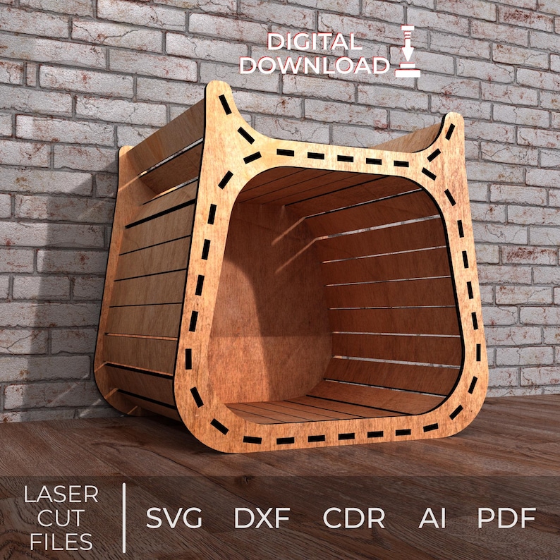 May include: A wooden, open-sided storage bin with a curved front and back, and a flat base. The bin is constructed from horizontal wooden slats and has a decorative dotted line around the edges. The words "DIGITAL DOWNLOAD" are at the top.